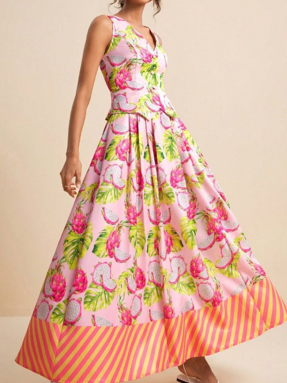 Pink Boho Women's Dragonfruit Tropical V-Neck Sleeveless Top & Skirt 2-Piece Set - Picture 4 of 7